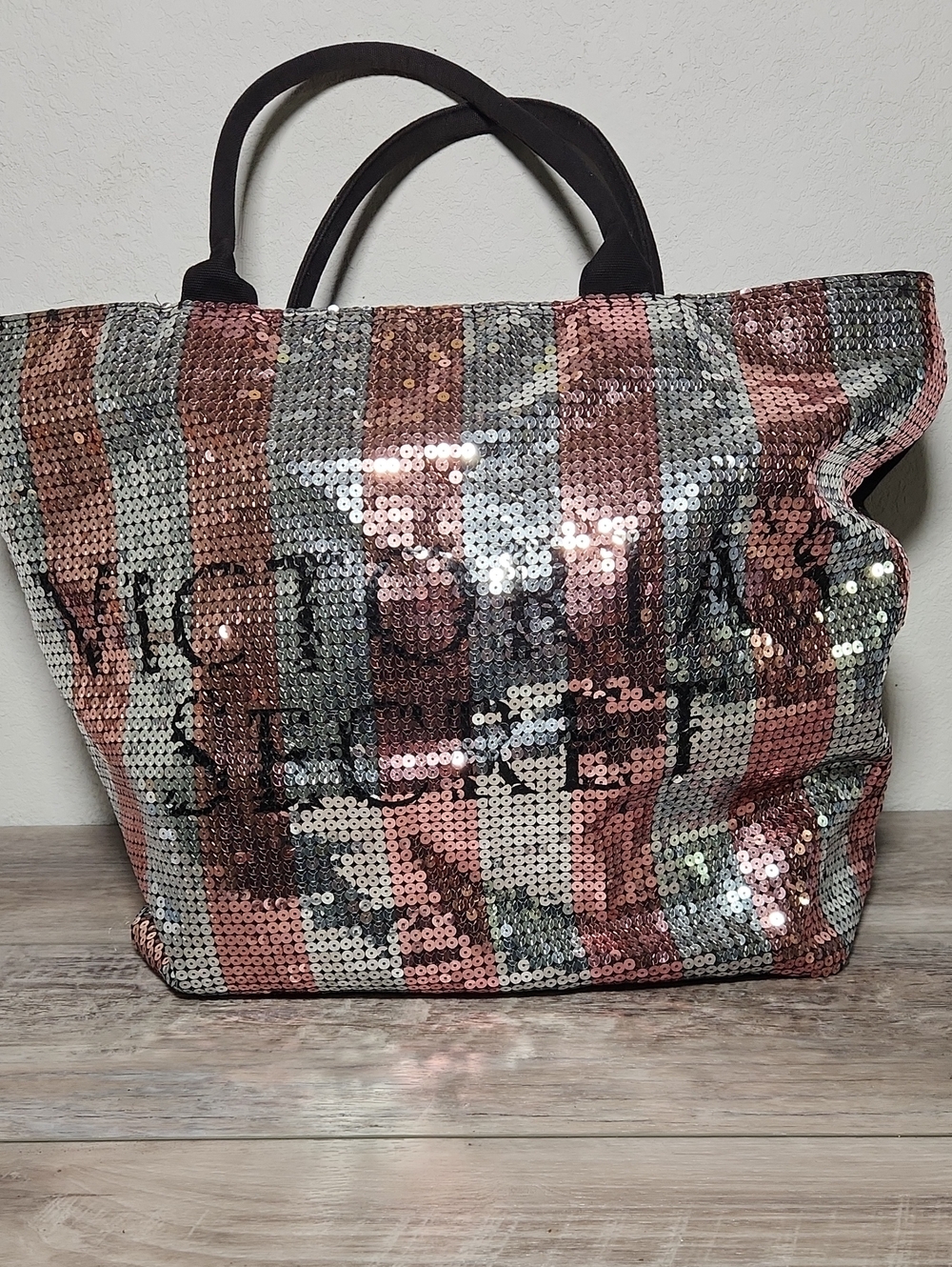 Victoria's Secret Sequin Striped Tote Bag - Rose Gold & Silver